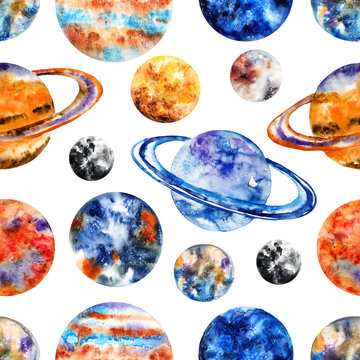 Seamless pattern with the planets of the Solar system on white background. Mercury, Venus, Earth, Mars, Jupiter, Saturn, Uranus, Neptune, Pluto. Watercolor illustration