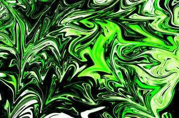 Liquid Abstract Pattern With UFO Green And Black Graphics Color Art Form. Digital Background With Liquid Poisonous Abstract UFO Green Flow.