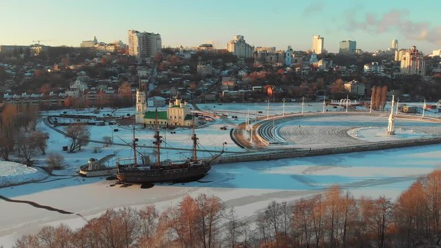 Aerial view of Linear ship Goto Predestination on Admiralty Square at embankment of Voronezh river - popular tourist place in Voronezh city