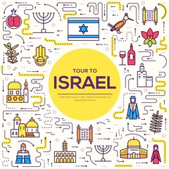 Country Israel travel vacation guide of goods, places and features. Set of architecture, fashion, people, items, nature background concept. Infographic template design on flat style