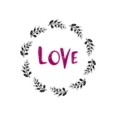 Hand drawn wreath. Vector floral design elements for invitations, greeting cards, scrapbooking, posters. Vintage decorative laurel, oval frame made of twigs, leaves and branches.