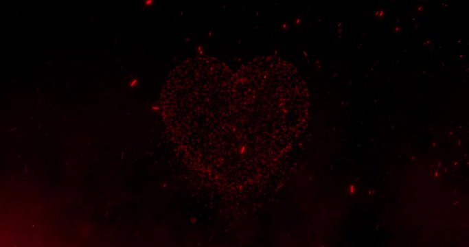 Falling red hearts on black background with sparks motion effect.