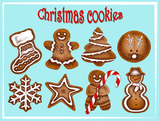 Vector illustration of sketch hand drawn set Christmas colorful cookies with candy. Gingerbread man, snowflake, sock, Christmas tree, star, snowman, deer. Vintage design of traditional holiday food.