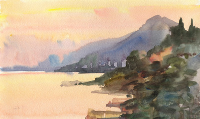 south sea sunset coast mountain watercolor