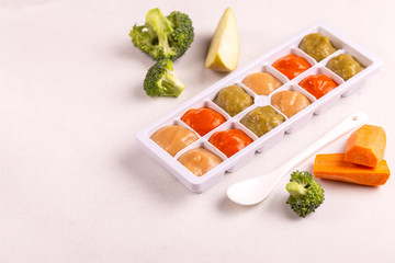 Multicolored pureed baby food in ice cube trays