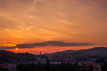 Sunset over the medieval town Cesky Krumlov with the castle, Czech republic, Europe.