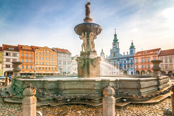 The Samson fountain in the central square of the city Ceske Budejovice. Largest baroque fountain in...