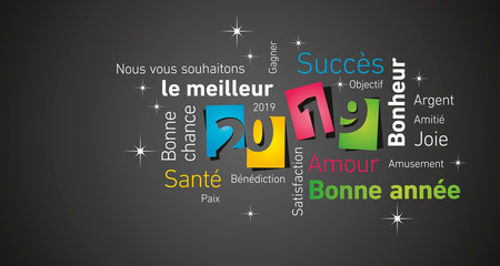 Happy New Year 2019 negative space French cloud text Bonne Annee colorful white black vector