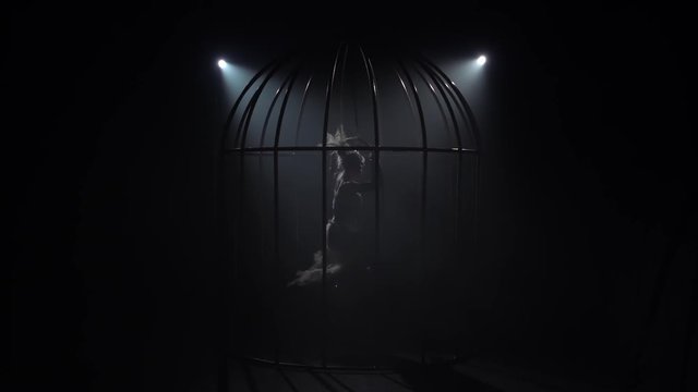Gymnast on a scene in a cage performs acrobatics in bird costume. Black background. Silhouette. Slow motion