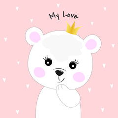 Obraz na płótnie Canvas Cute cartoon bear princess and inscription my love.