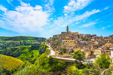 Matera ancient town i Sassi, Unesco site landmark. Basilicata, Italy. - obrazy, fototapety, plakaty