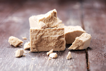 Dry yeast crumbled and yeast block for baking