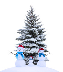 Tree in snow isolated with snowmans.