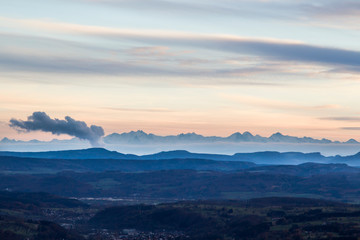 Panorama from Sweigmatt in the Black Forest over the city Wehr to the Alps