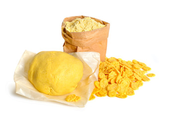 Corn flour with dough and flakes. Isolated on white background