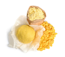 Corn flour with dough and flakes. Isolated on white background