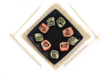 different types of Maki sushi on a black plate