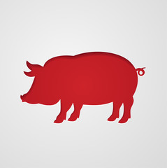 Cut out pig in paper design isolated on white paper background. Red pig symbol of Chinese New Year 2019. Zodiac sign for greetings card, flyers, invitation, posters, brochure, banners, calendar.