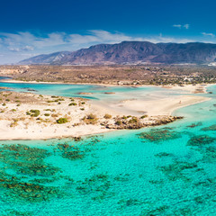 Aerial view of Elafonissi beach on Crete island with azure clear water, Greece, Europeof Elafonissi beach on Crete island with azure clear water, Greece, Europe