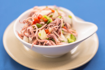 White bowl on blue background with squid vinaigrette