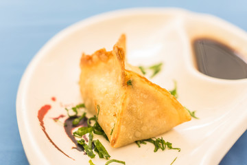 Gyoza and shoyu closeup