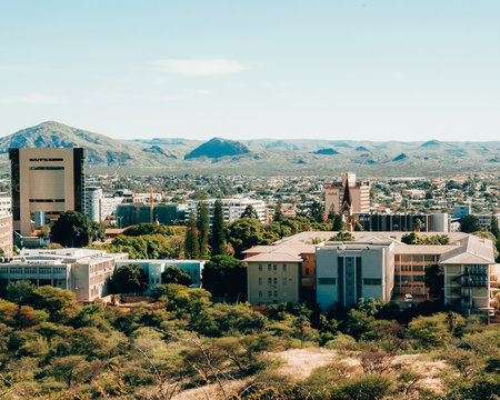 Buildings with mountains in the distance