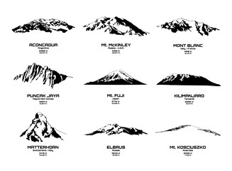 Obraz premium Zarys ilustracji wektorowych najwyższych gór kontynentów