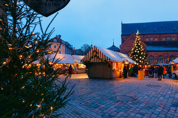 Christmas tree and night Christmas market Dome square Riga