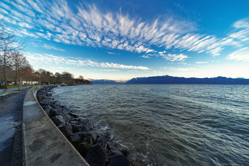 Approacxhing sundown by the shores of Lake Geneva (Lake Leman) on a winter's day