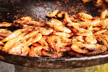 Fried Prawns Seafood on pan