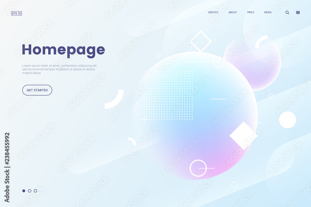Aufkleber Vector homepage template with abstract dynamic background. 3d shpere with geometric pattern. Soft light background in modern gradient color. Backdrop for web site. Eps 10.