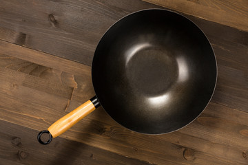 Empty pan isolated on wooden background