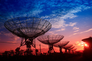 The observatory in the evening,The silhouette of a radio telescope