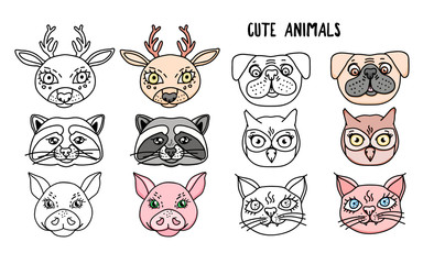 Set Cute animals heads coloring page isolated on white. Vector hand drawn