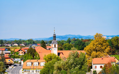 Scenery with church at Julian Alps mountains in Slovenia