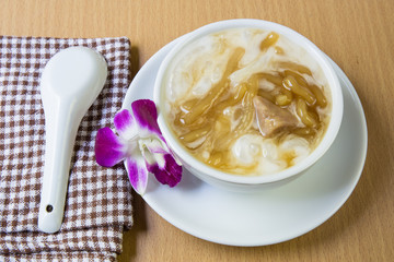 Thai dessert, rice noodles made of rice eaten with coconut cream, sweet food, focus Taro