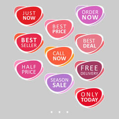 Set of abstract rounded colorful sale stickers. Multicolor retro design on white background. Elements for web page ad, tickets, discount offer price labels, badges, coupons, flyers etc. In EPS