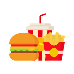 Hamburger, french fries and soda, isolated on white background. Group of fast food products. Vector illustration. EPS 10.