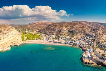 Foto op Plexiglas Elafonissi Strand, Kreta, Griekenland Aerial view of Matala beach on Crete island with azure clear water, Greece, Europe