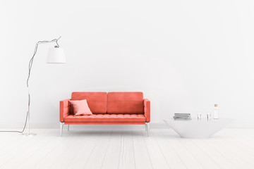 Living coral. The color of the year 2019. The interior room with a ultra violet sofa, a large lamp...