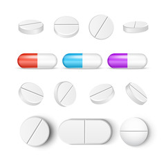 Pills medicine capsule vector icon isolated set. Pharmacy pill treatment painkiller or vitamin medicine