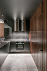 Luminous modern kitchen with glossy metallic surfaces