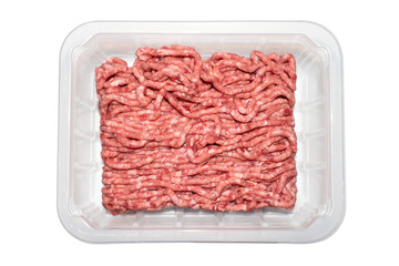 Minced meat in a transparent plastic container.Minced meat background.