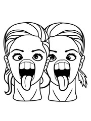 team 2 freundinnen paar freunde verrückt girl schielen weiblich frau mädchen sexy hübsch schön grimasse gesicht kopf süß niedlich zunge mund rausstrecken lustig comic cartoon clipart