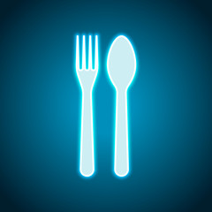 Fork and spoon, icon. Kitchen tools. Neon style. Light decoratio
