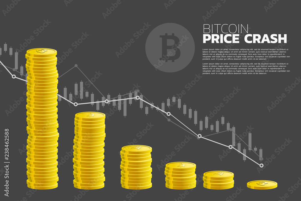 Poster Bit coin price down graph with stack of golden coin. concept of falling down of cryptocurrency market