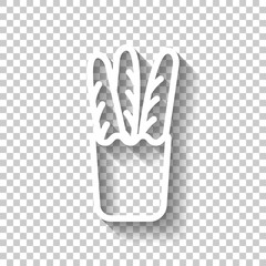 French bread in the paper bag. Food delivery logo. White icon with shadow on transparent background
