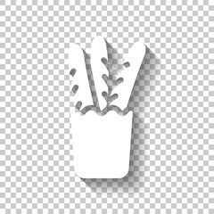 French bread in the paper bag. Food delivery logo. White icon with shadow on transparent background