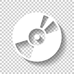 Vintage vinyl, audio disc, dj player. Simple icon, music logo. White icon with shadow on transparent background