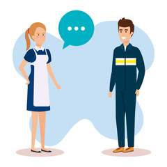 female service employee with mechanic talking
